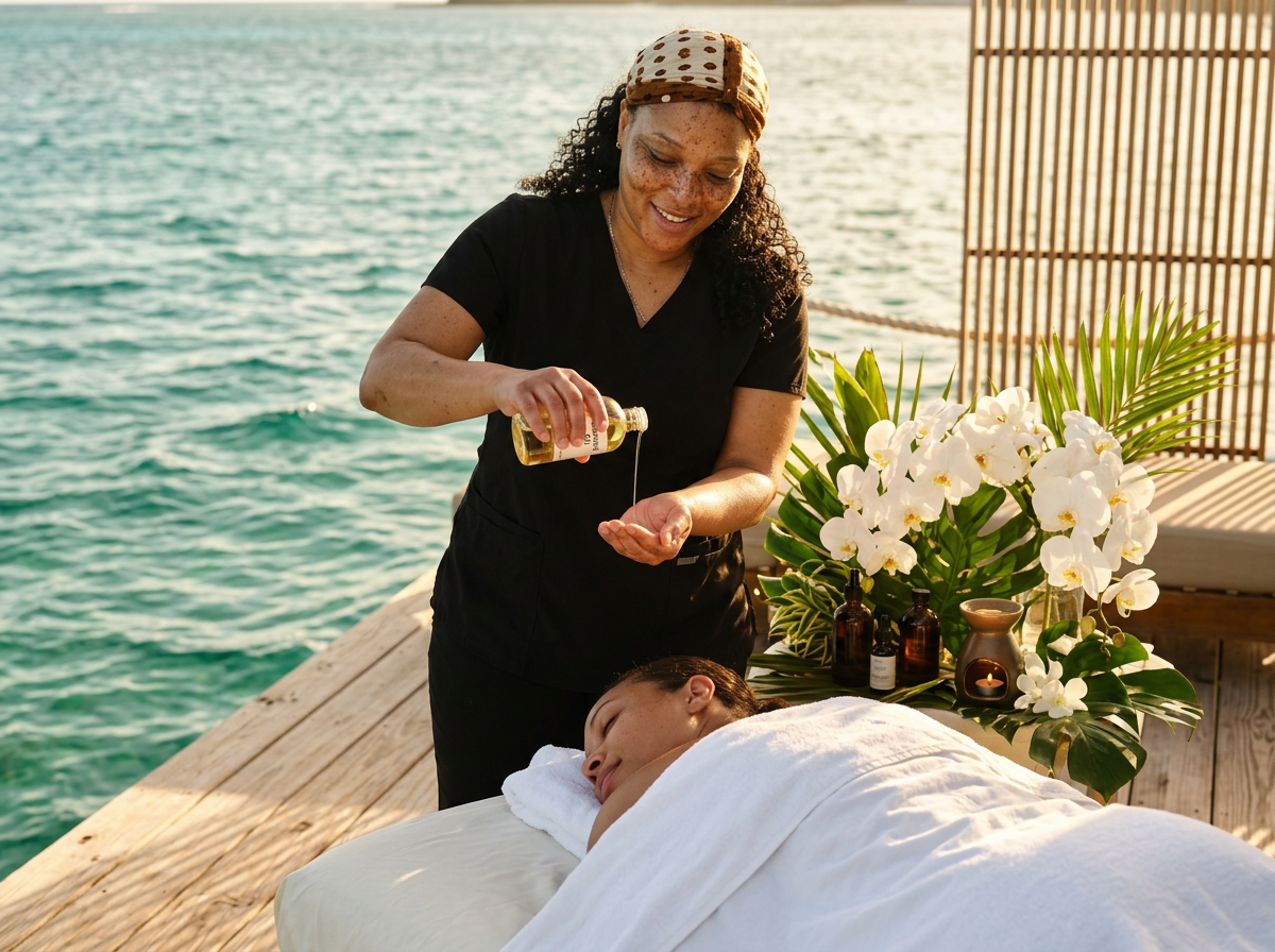 Latravia pouring warm coconut oil for an aromatherapy massage