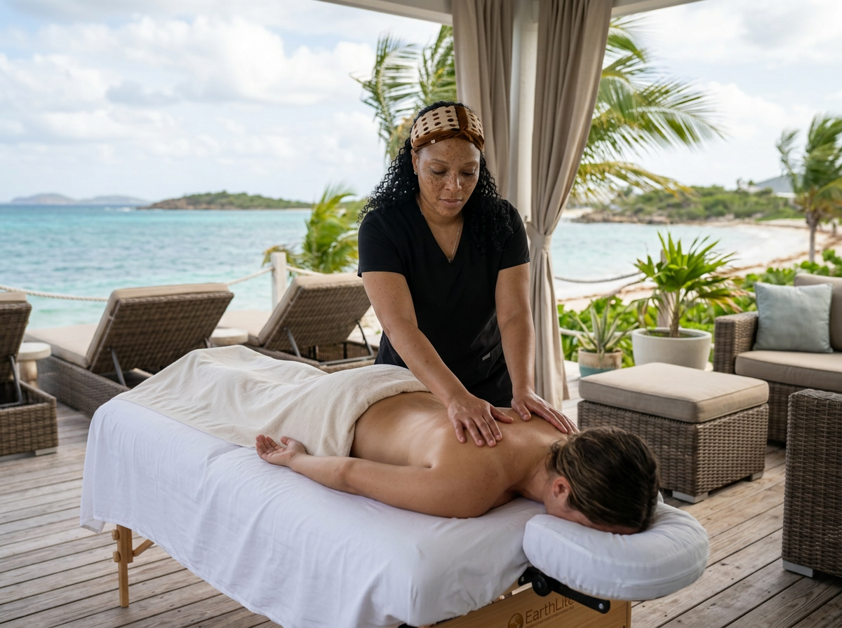 Latravia giving a Swedish relaxation massage on an oceanfront terrace